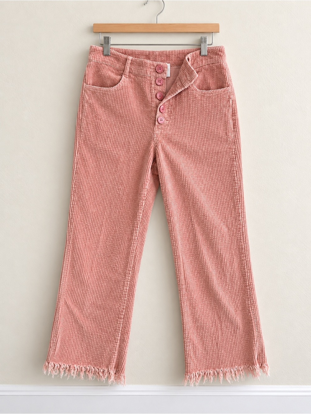 Women's Pink Corduroy Cropped Button-Front Pants